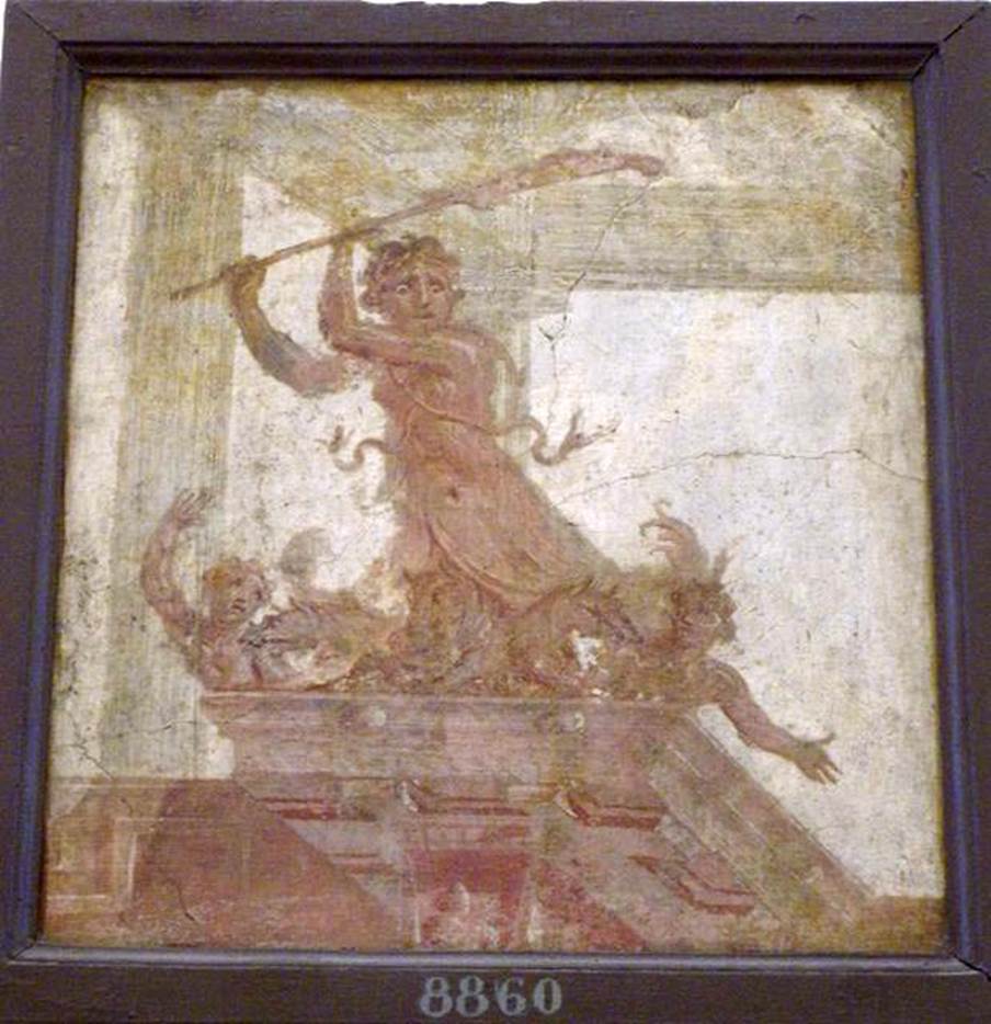 Stabiae, Villa Arianna, found 5th April 1760. Ante camera to room 3, painting of Scylla, brandishing an oar, in the act of striking two men at her feet.
Now in Naples Archaeological Museum. Inventory number 8860. 
See Pagano, M. and Prisciandaro, R., 2006. Studio sulle provenienze degli oggetti rinvenuti negli scavi borbonici del regno di Napoli.  Naples: Nicola Longobardi, p. 245.
See Sampaolo V. and Bragantini I., Eds, 2009. La Pittura Pompeiana. Electa: Verona, p. 452.
