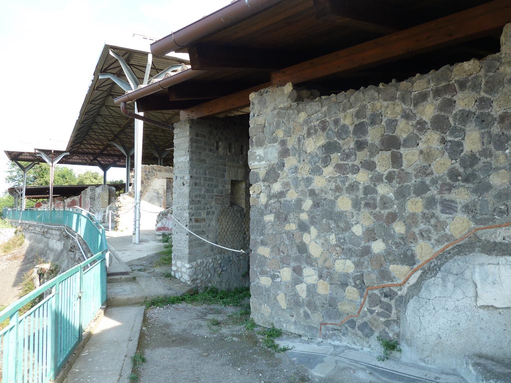 Stabiae, Villa Arianna, September 2015. Room 35, on right of photo. Looking east towards Villa B, the Secondo Complesso. 