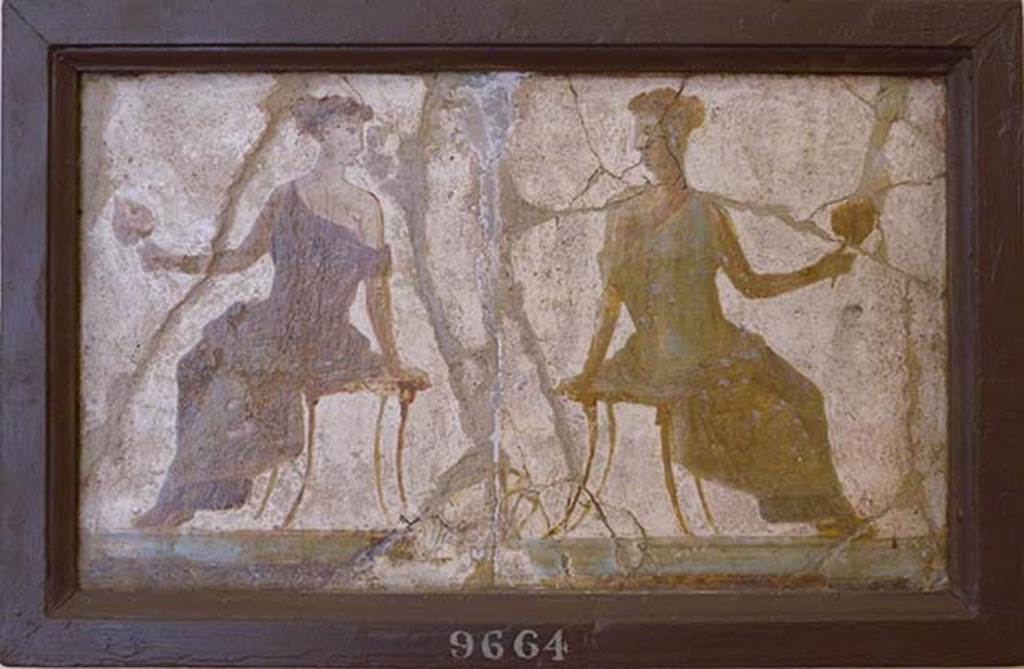 Stabiae, Villa Arianna, found 16th June and 16th July 1759. Room W.24. 
Two frescoes of seated women from the lower part of the same wall as Paris and Helen (8982).
Now in Naples Archaeological Museum. Inventory number 9664.
See Sampaolo V. and Bragantini I., Eds, 2009. La Pittura Pompeiana. Electa: Verona, p. 483.
See Pagano, M. and Prisciandaro, R., 2006. Studio sulle provenienze degli oggetti rinvenuti negli scavi borbonici del regno di Napoli.  Naples: Nicola Longobardi, p. 242 and p. 243. 
