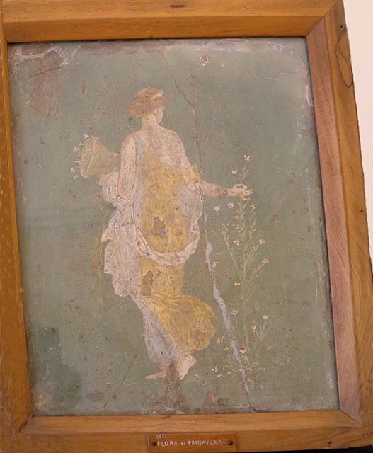 Stabiae, Villa Arianna, found 20th or 30th June 1759. Room W.25 or W.28. Painting of cupid carrying shoes.
Now in Naples Archaeological Museum. Inventory number 9337.
See Pagano, M. and Prisciandaro, R., 2006. Studio sulle provenienze degli oggetti rinvenuti negli scavi borbonici del regno di Napoli.  Naples: Nicola Longobardi, p. 242. 
See Sampaolo V. and Bragantini I., Eds, 2009. La Pittura Pompeiana. Electa: Verona, p. 494.
