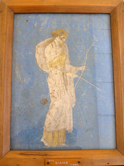 Stabiae, Villa Arianna, found 26th July 1759. 
Room W.26, wall painting of Medea holding a sceptre and a book.
Now in Naples Archaeological Museum. Inventory number 8978.
Painting by Zahn, pre-November 1856 –
described as pendant to Penelope (?Diana), also on blue background and seen in Pl.III.46.
See Zahn, W., 1852-59. Die schönsten Ornamente und merkwürdigsten Gemälde aus Pompeji, Herkulanum und Stabiae: III. Berlin: Reimer, taf. 76.

