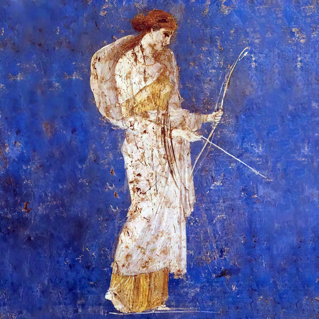 Stabiae, Villa Arianna, found 8th August 1759. Room W.26. 
Wall painting of Diana with a bow and arrow.
Now in Naples Archaeological Museum. Inventory number 9243.
