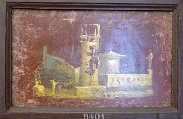 Stabiae, Villa Arianna, found 6th August 1759. Room W.26? 
Wall painting of landscape with temple with pitched roof and columns at the front.
To the left is a statue on a base and to the right are two figures in front of a pillar with a vase on top.
Now in Naples Archaeological Museum. Inventory number 9402.
See Pagano, M. and Prisciandaro, R., 2006. Studio sulle provenienze degli oggetti rinvenuti negli scavi borbonici del regno di Napoli.  Naples: Nicola Longobardi, p. 243. 
See Sampaolo V. and Bragantini I., Eds, 2009. La Pittura Pompeiana. Electa: Verona, p. 438-9.
