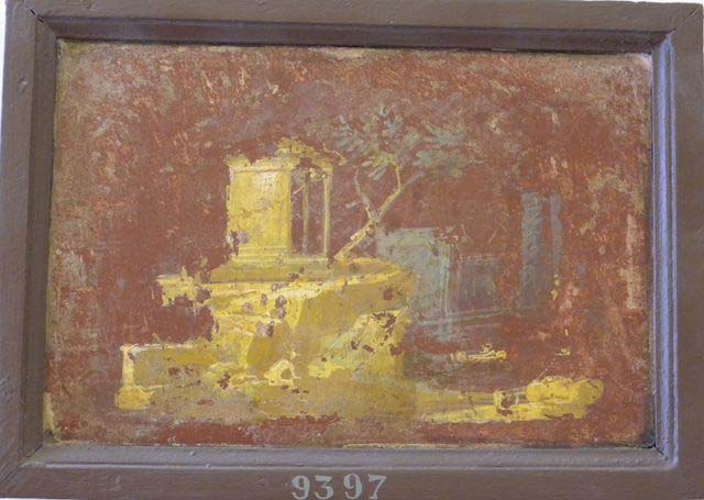 Stabiae, Villa Arianna, found 26th July 1759. Room W.26? 
1889 watercolour copy of wall painting of landscape, column and tower with two men by its door.
DAIR Pompeji Wandmalerei 34. Arachne ID: 3564102. Photo © Deutsches Archäologisches Institut, Abteilung Rom, Arkiv. 
Original wall painting now in Naples Archaeological Museum. Inventory number 9405.

