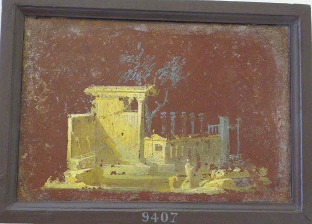 Stabiae, Villa Arianna, found 6th August 1759. Room W.26? 
Wall painting of landscape with temple shaded by a tree, a monumental fountain, a columned structure and two female figures.
Now in Naples Archaeological Museum. Inventory number 9407.
See Sampaolo V. and Bragantini I., Eds, 2009. La Pittura Pompeiana. Electa: Verona, p. 454-5.
See Pagano, M. and Prisciandaro, R., 2006. Studio sulle provenienze degli oggetti rinvenuti negli scavi borbonici del regno di Napoli.  Naples: Nicola Longobardi, p. 243. 
