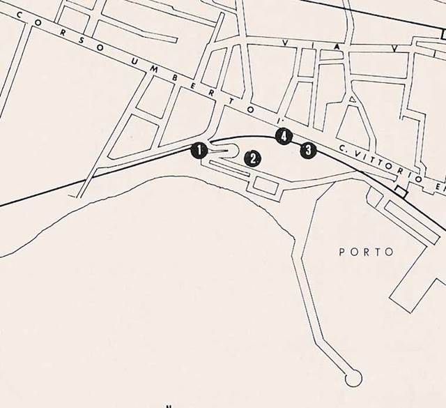 Villa CB141. Torre Annunziata, Location plan.
1: The Baths of Marco Crasso Frugi.
2: Villa 89.
3: Villa 54 The Villa of C. Siculius.
4: Villa CB141 Remains uncovered in 1940 and reburied without further investigation (Casale Bianco 141).
