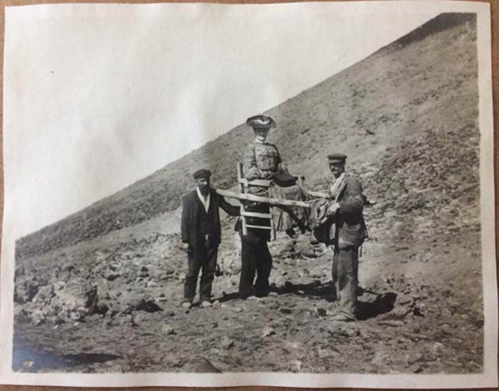 Vesuvius August 27, 1904. A tourist is carried on a sedan-chair. 
Before the funicular this was the most comfortable means of transport.
Photo courtesy of Rick Bauer
August%2027,%201904