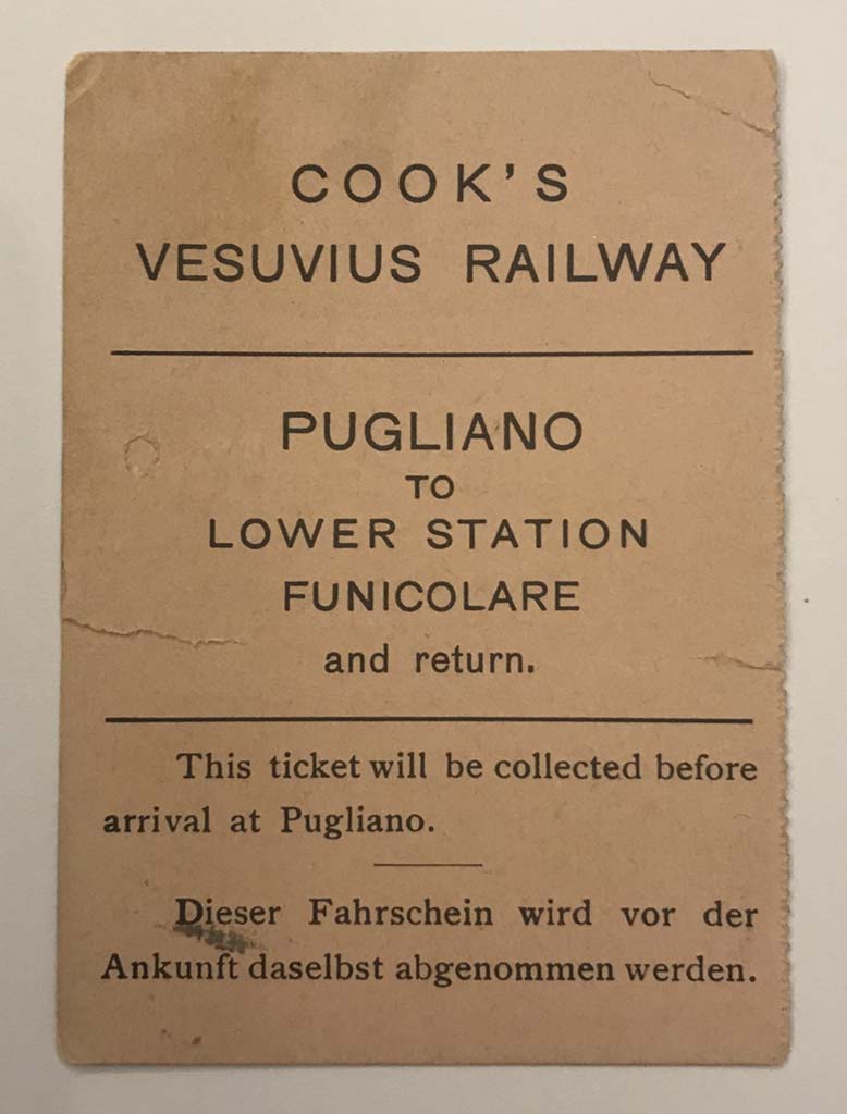 Rear of a Thomas Cook & Son combo ticket to Vesuvius, using the train and the funicular.  
This ticket is dated 13 July 1948. Photo courtesy of Rick Bauer.
