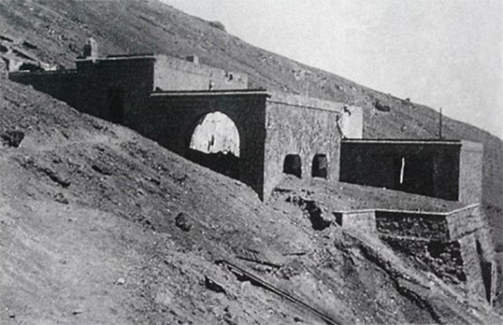 Vesuvius light railway. The final station at Vesuvio Inferiore which joined with the funicular and later the chairlift to the left.
This station was partially buried in the 1944 eruption. The funicular suffered irreparable damage, and was never rebuilt.
Photo courtesy of www.vesuvioinrete.it
