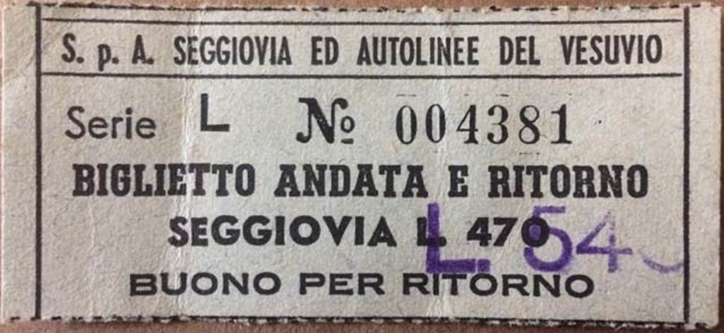 Vesuvio Chairlift, Chair lift and bus of Vesuvius ticket (circa 1960s).
Photo courtesy of Rick Bauer.
Vesuvio%20Autostrada%20ticket%20(circa%201960s)