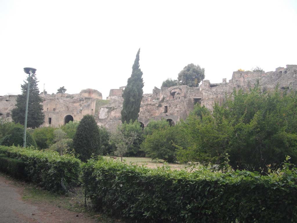 Pompeii, south side. May 2011. 
Looking north-west towards Temple of Venus, on upper left, VIII.2.A, centre left, and rear of houses in VIII.2, on right.
Photo courtesy of Ivo van der Graaff.
