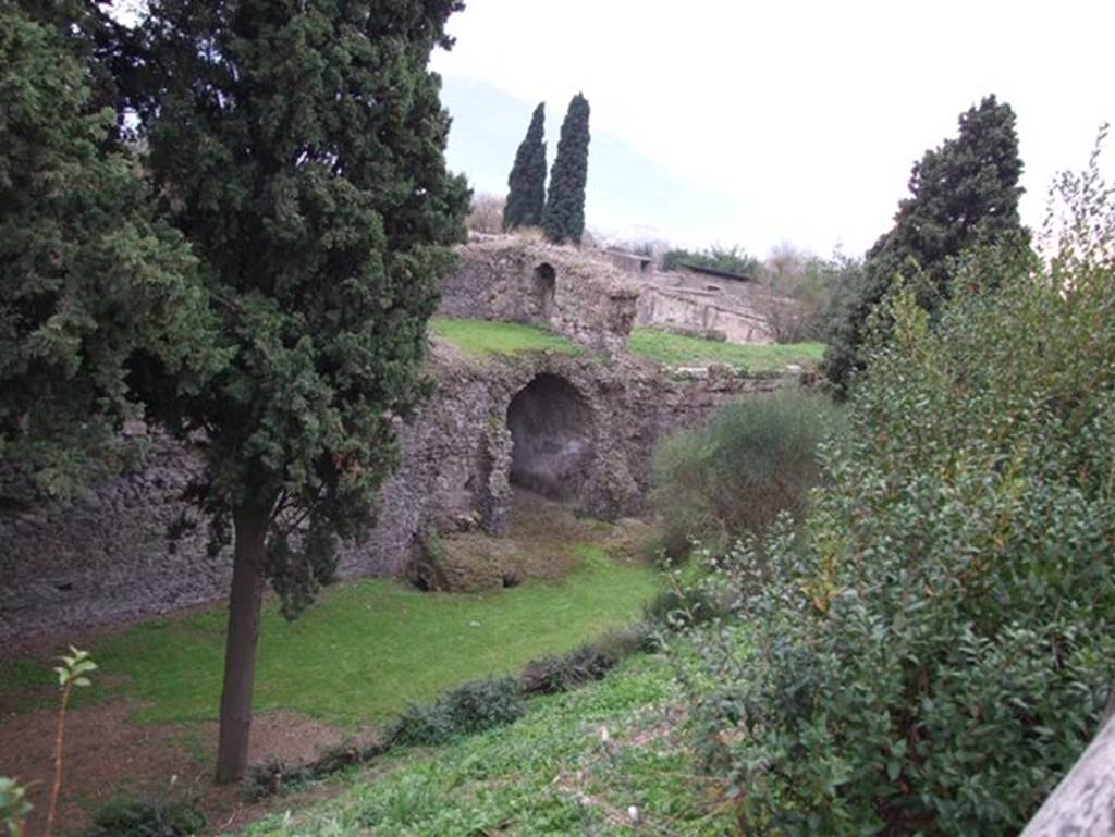 City walls near Tower XII Pompeii. December 2007. Looking south-west from outside city walls towards tower.