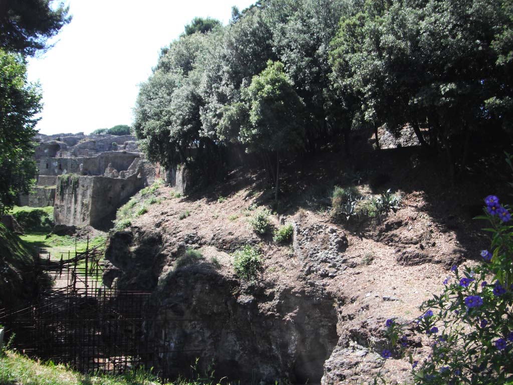 VIII.2 Pompeii, June 2012.  
Looking west across volcanic ledge at rear of Triangular Forum towards rear of houses in VIII.2. Photo courtesy of Ivo van der Graaff.
