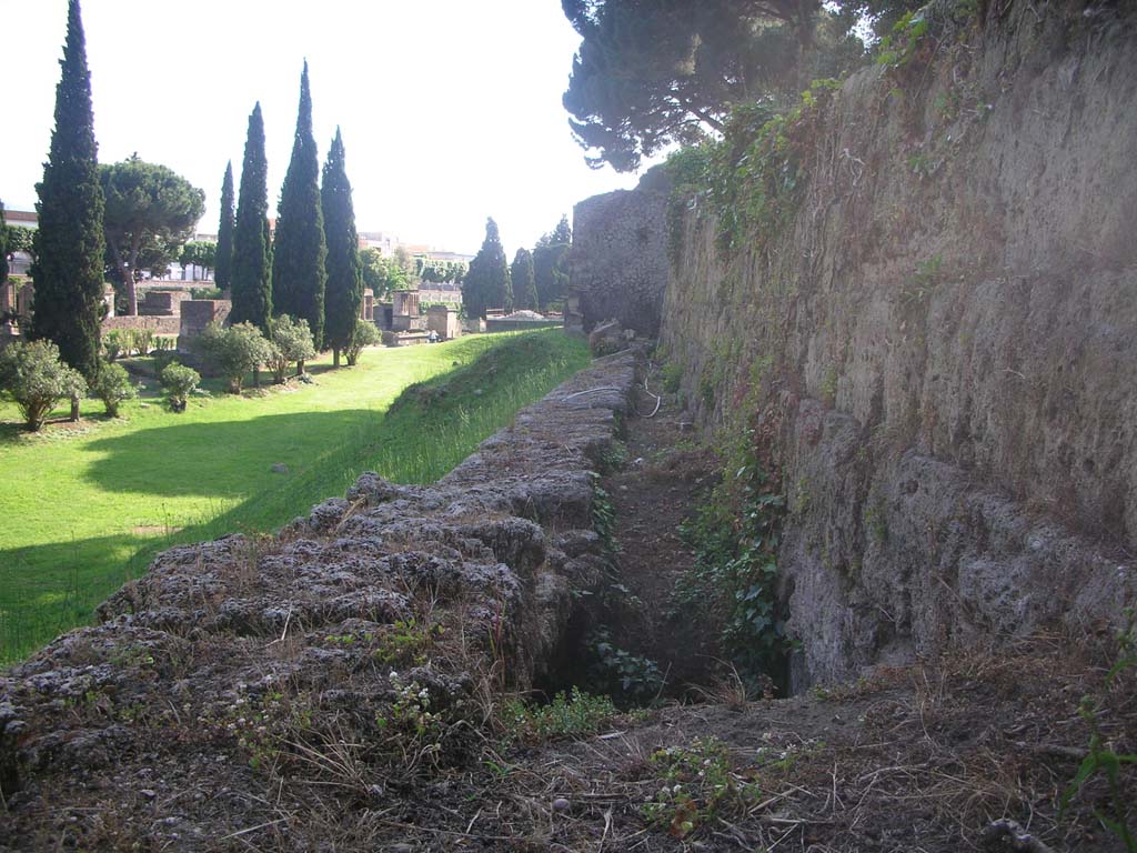 Walls on east side of Tower III, Pompeii. May 2010. 
Looking west along City Wall towards Tower III. Photo courtesy of Ivo van der Graaff.
